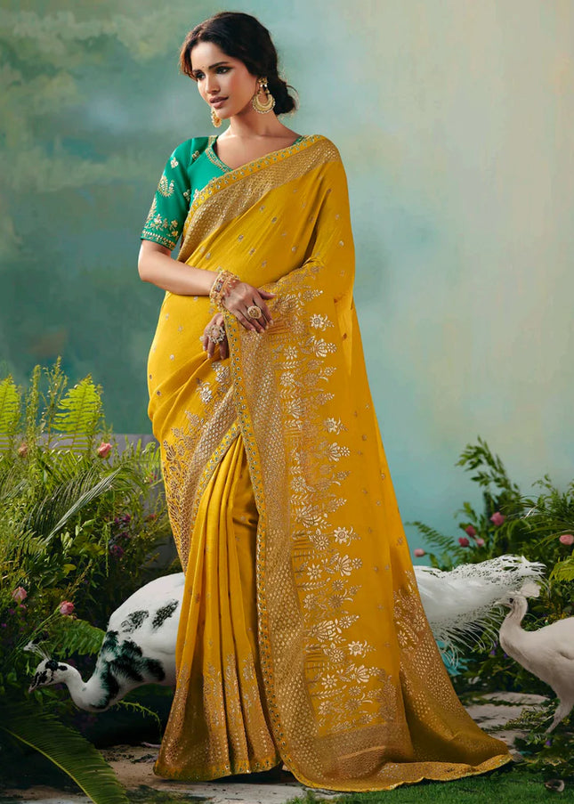 Yellow and Teal Embroidered Wedding Saree
