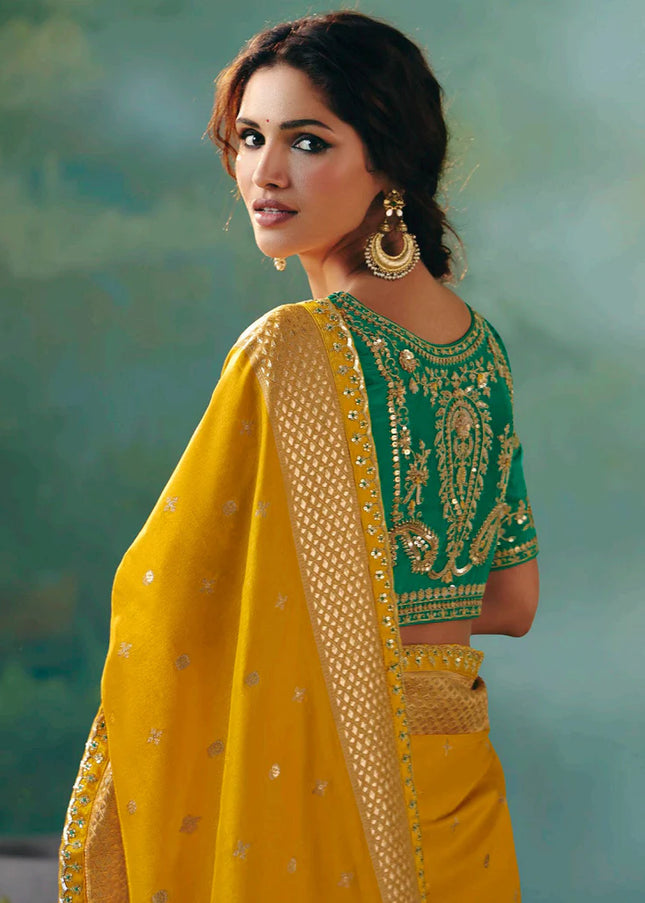 Yellow and Teal Embroidered Wedding Saree