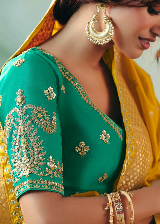 Yellow and Teal Embroidered Wedding Saree