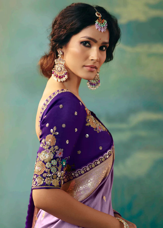 Lavender and Purple Embroidered Wedding Saree