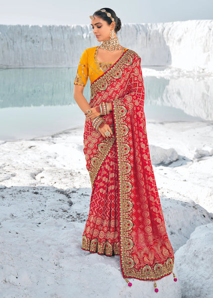 Red Embroidered Wedding/Festive Saree