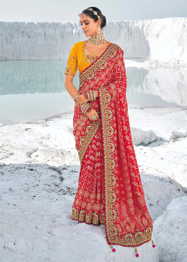 Red Embroidered Wedding/Festive Saree