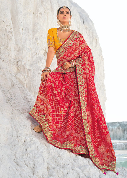 Red Embroidered Wedding/Festive Saree