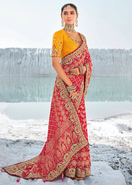 Red Embroidered Wedding/Festive Saree