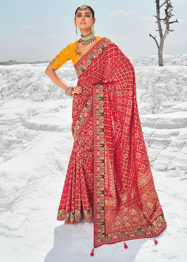 Red Embroidered Wedding/Festive Saree