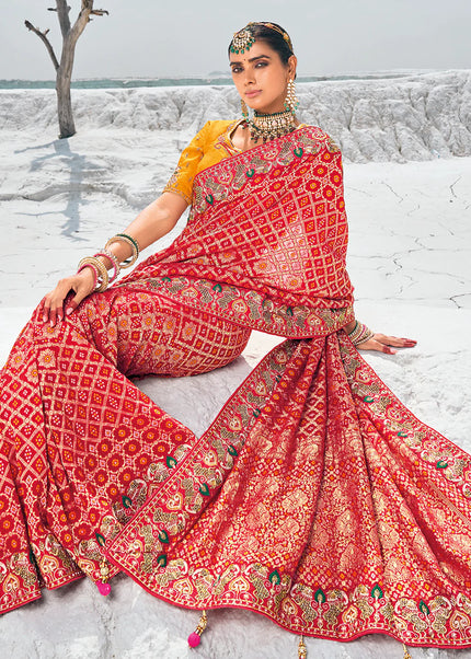 Red Embroidered Wedding/Festive Saree