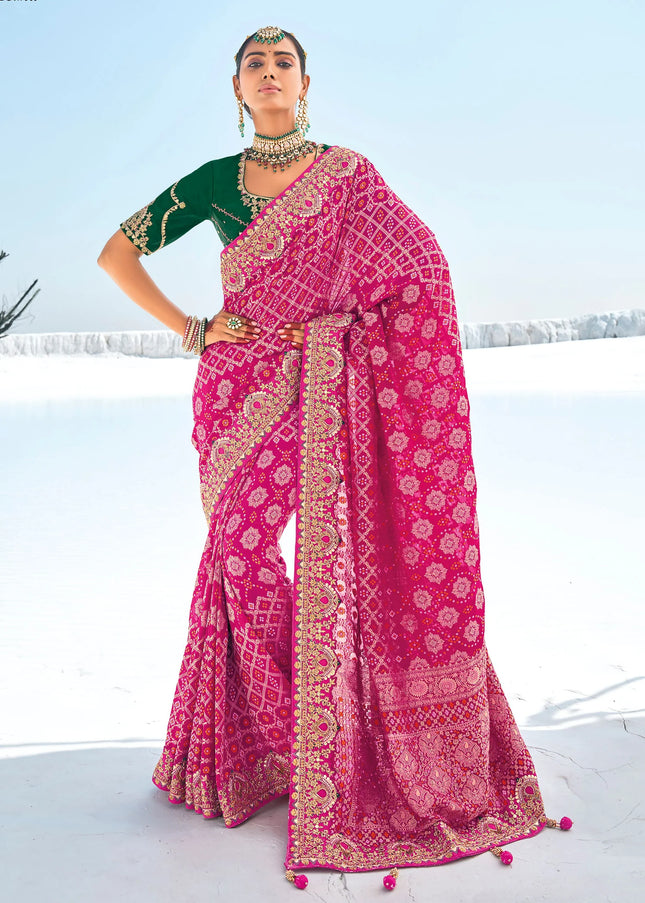 Pink Embroidered Wedding/Festive Saree