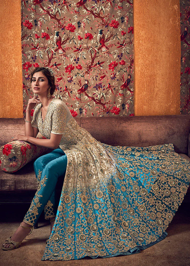 Beige and Blue Embroidered Lehenga/ Pant Style Anarkali