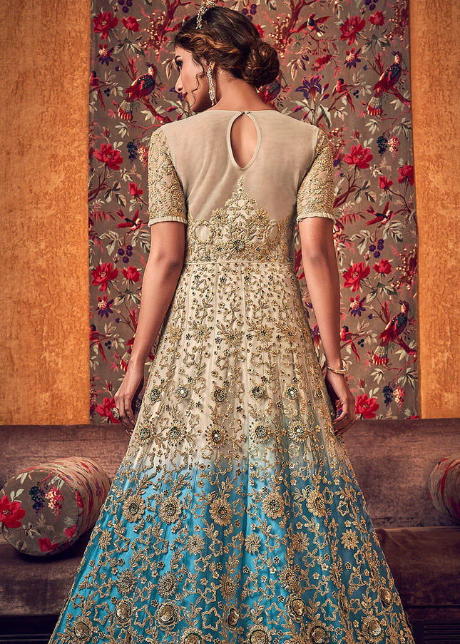 Beige and Blue Embroidered Lehenga/ Pant Style Anarkali