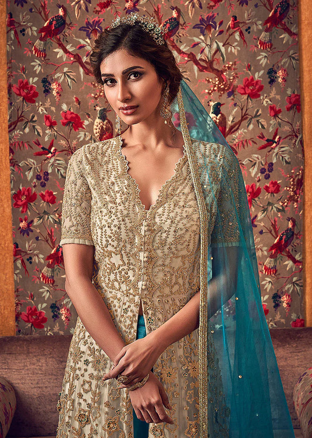 Beige and Blue Embroidered Lehenga/ Pant Style Anarkali