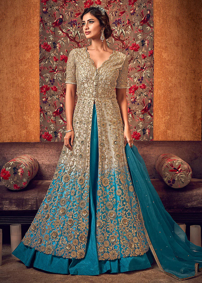 Beige and Blue Embroidered Lehenga/ Pant Style Anarkali