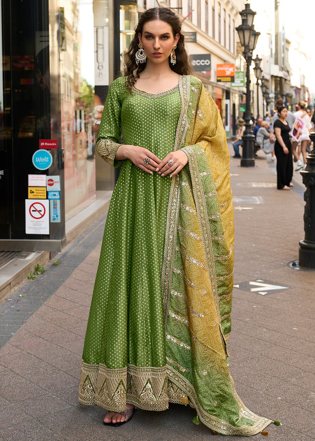 Green Printed and Embroidered Anarkali Gown