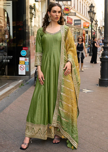 Green Printed and Embroidered Anarkali Gown