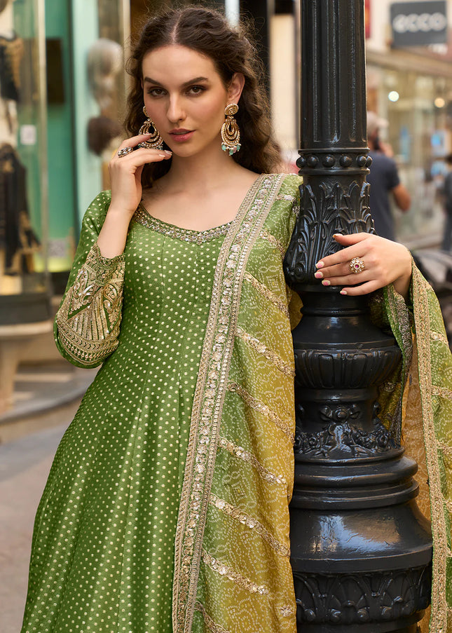 Green Printed and Embroidered Anarkali Gown