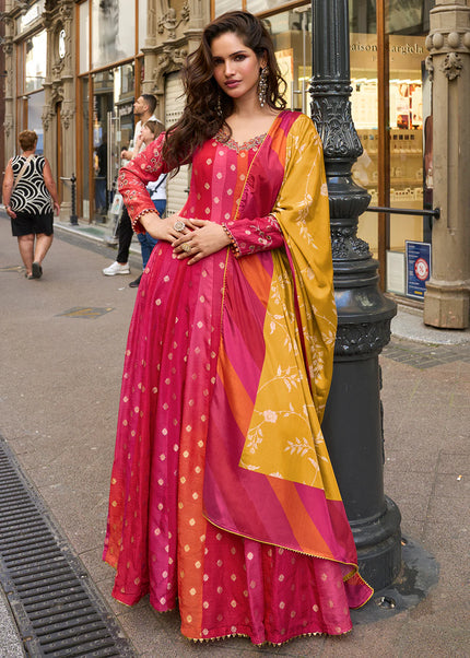 Pink Printed and Embroidered Anarkali Gown