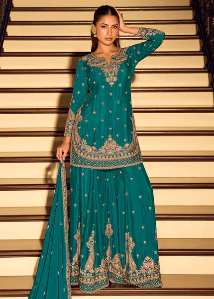Teal Embroidered Sharara Suit