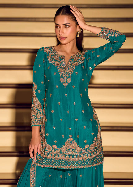 Teal Embroidered Sharara Suit