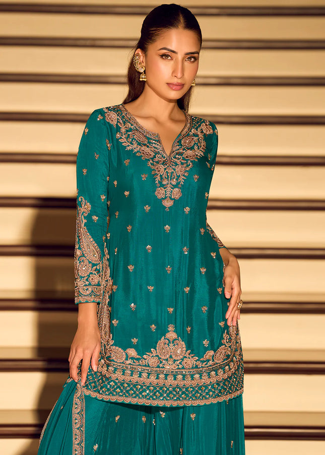 Teal Embroidered Sharara Suit