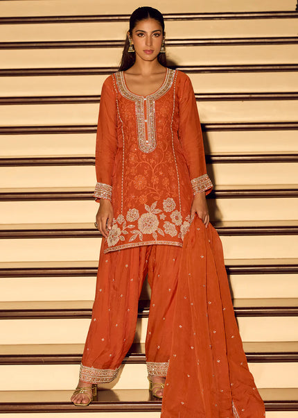 Orange Embroidered Pant Style Suit