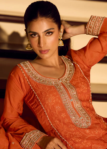 Orange Embroidered Pant Style Suit