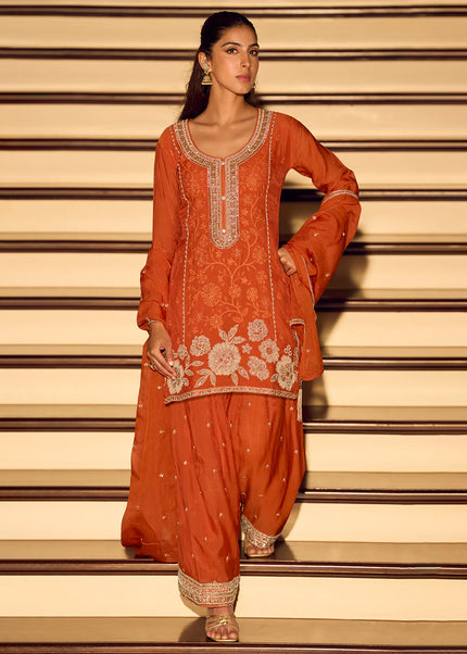 Orange Embroidered Pant Style Suit
