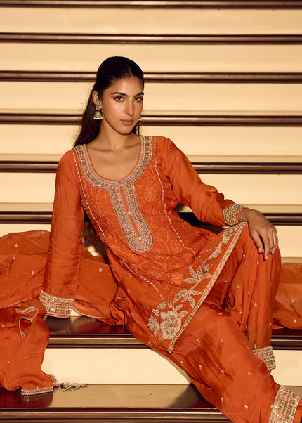 Orange Embroidered Pant Style Suit