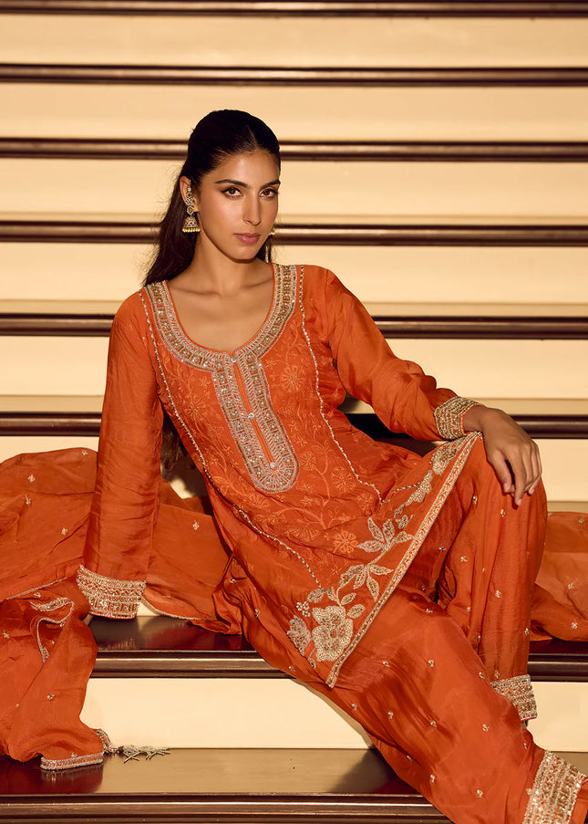 Orange Embroidered Pant Style Suit