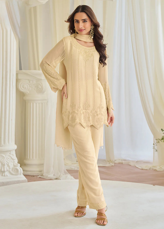 Cream Embroidered Pant Style Suit