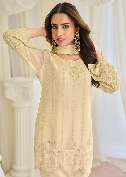 Cream Embroidered Pant Style Suit