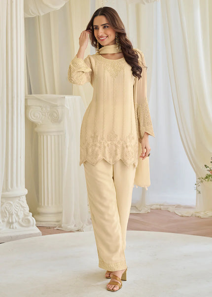 Cream Embroidered Pant Style Suit
