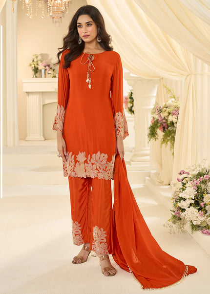 Orange Embroidered Pant Style Suit