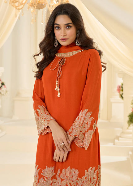 Orange Embroidered Pant Style Suit
