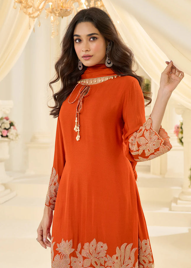 Orange Embroidered Pant Style Suit