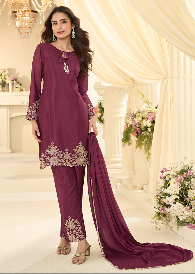 Purple Embroidered Pant Style Suit