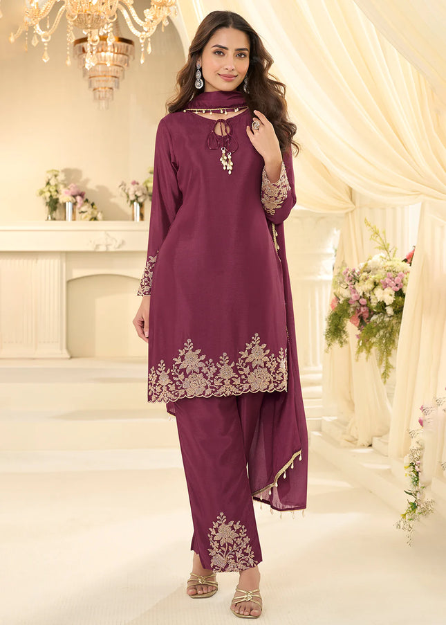 Purple Embroidered Pant Style Suit