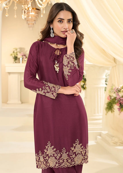 Purple Embroidered Pant Style Suit