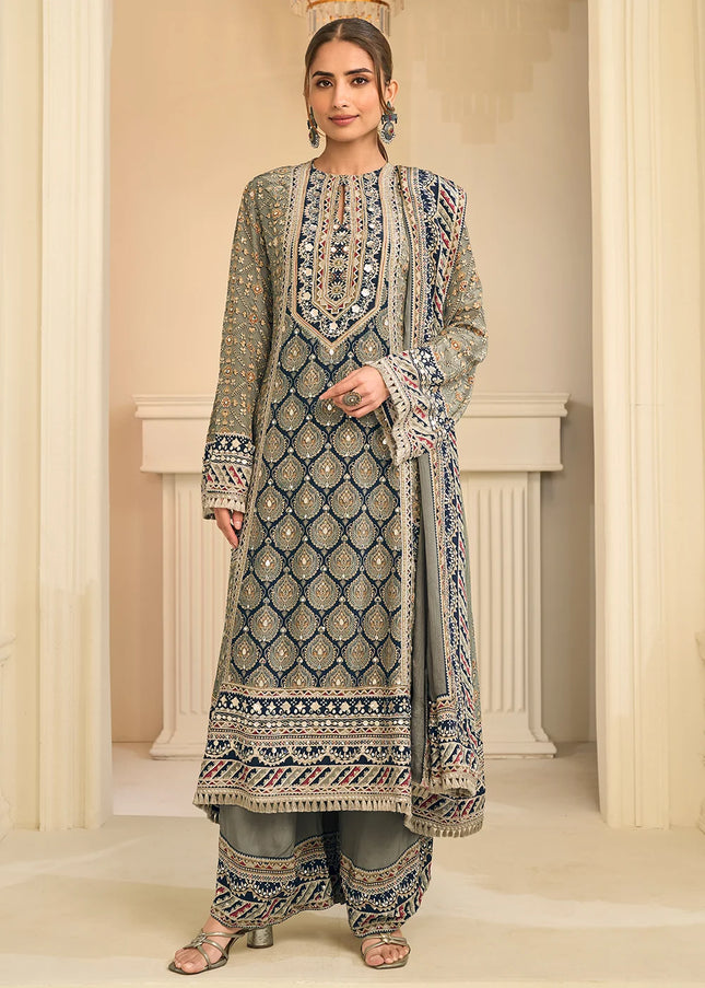Grey Printed and Embroidered Palazzo Suit