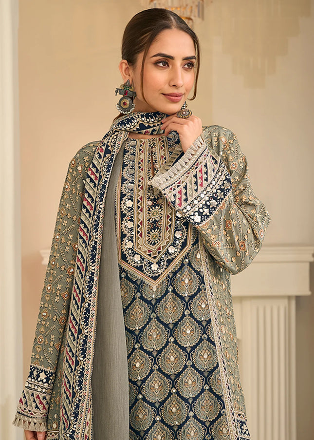 Grey Printed and Embroidered Palazzo Suit