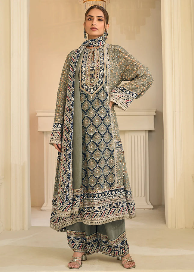 Grey Printed and Embroidered Palazzo Suit