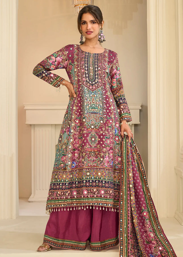 Pink Printed and Embroidered Palazzo Suit