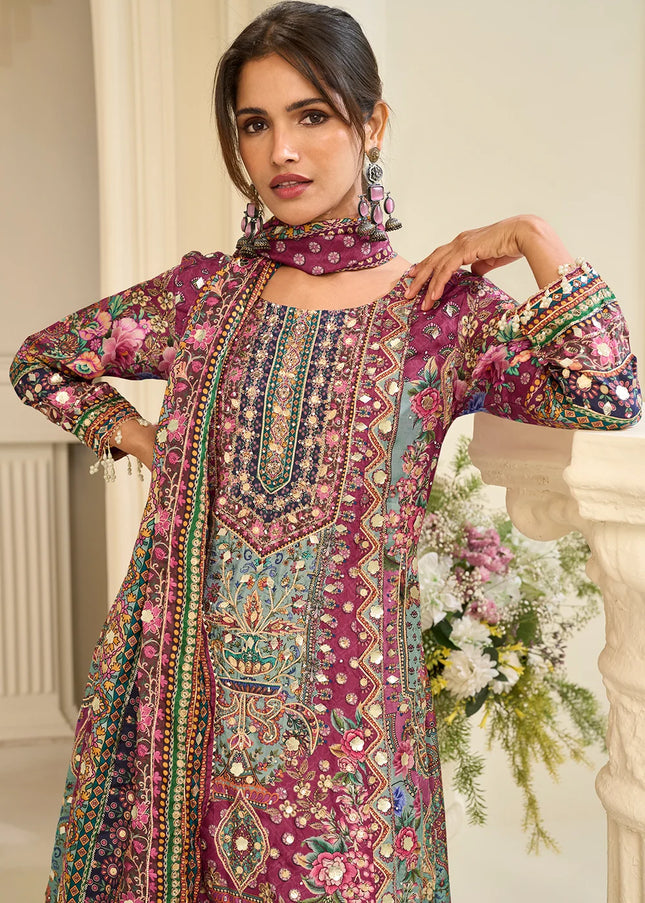 Pink Printed and Embroidered Palazzo Suit