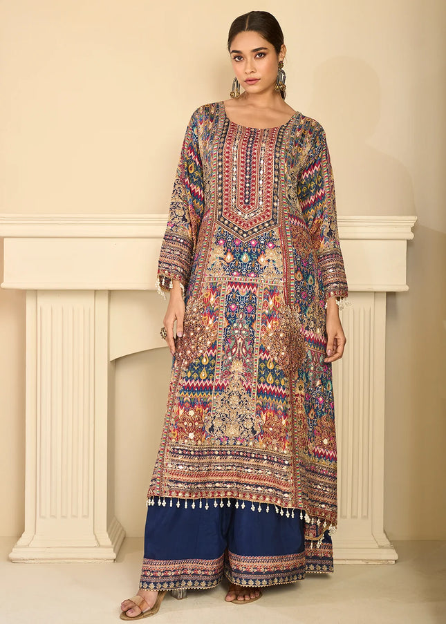 Blue Printed and Embroidered Palazzo Suit