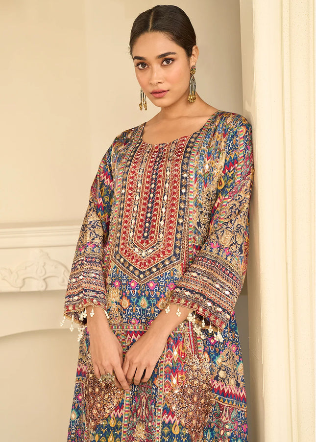 Blue Printed and Embroidered Palazzo Suit
