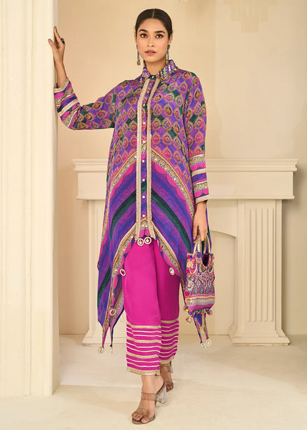 Purple and Pink Embroidered Pant Style Suit
