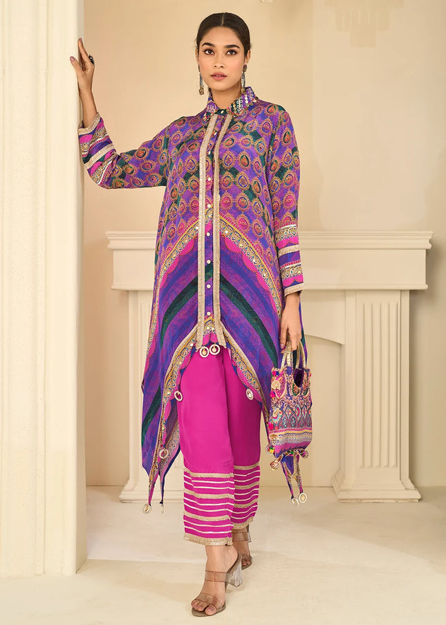 Purple and Pink Embroidered Pant Style Suit