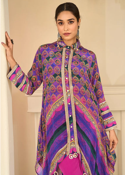 Purple and Pink Embroidered Pant Style Suit