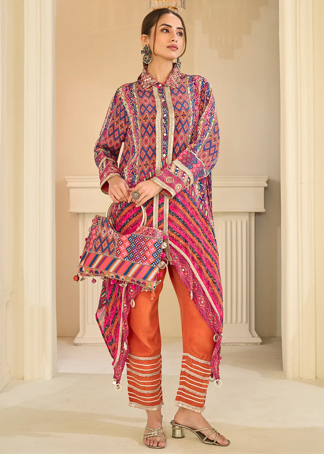 Pink and Orange Embroidered Pant Style Suit