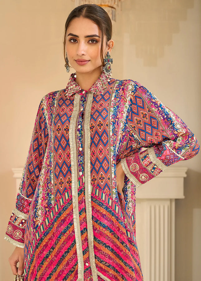 Pink and Orange Embroidered Pant Style Suit