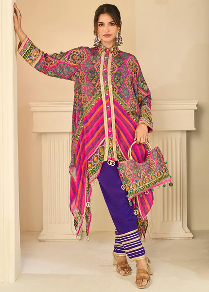 Pink and Purple Embroidered Pant Style Suit