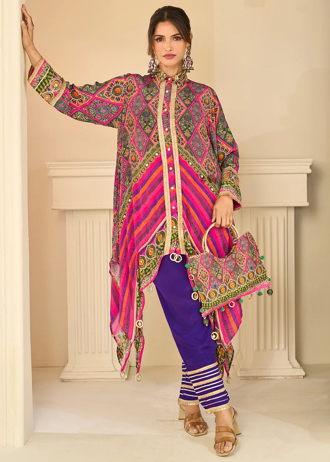 Pink and Purple Embroidered Pant Style Suit